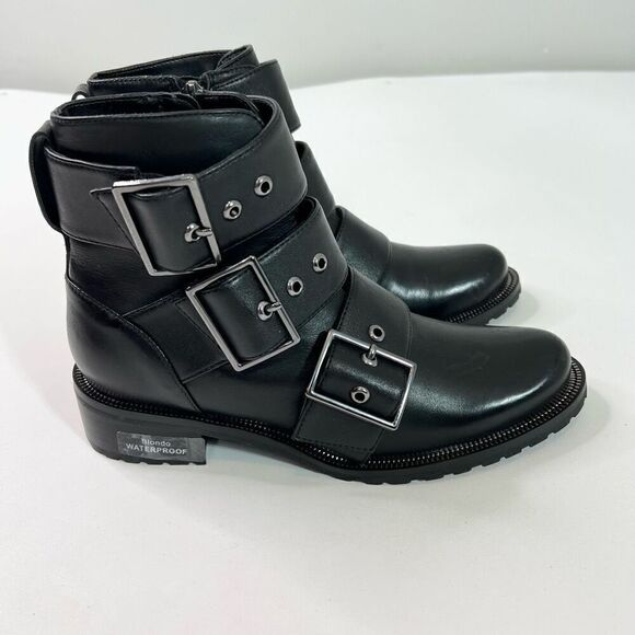 Blondo Booties Women's 6M Black Waterproof Buckles Side Zip Leather NWT - Picture 1 of 14